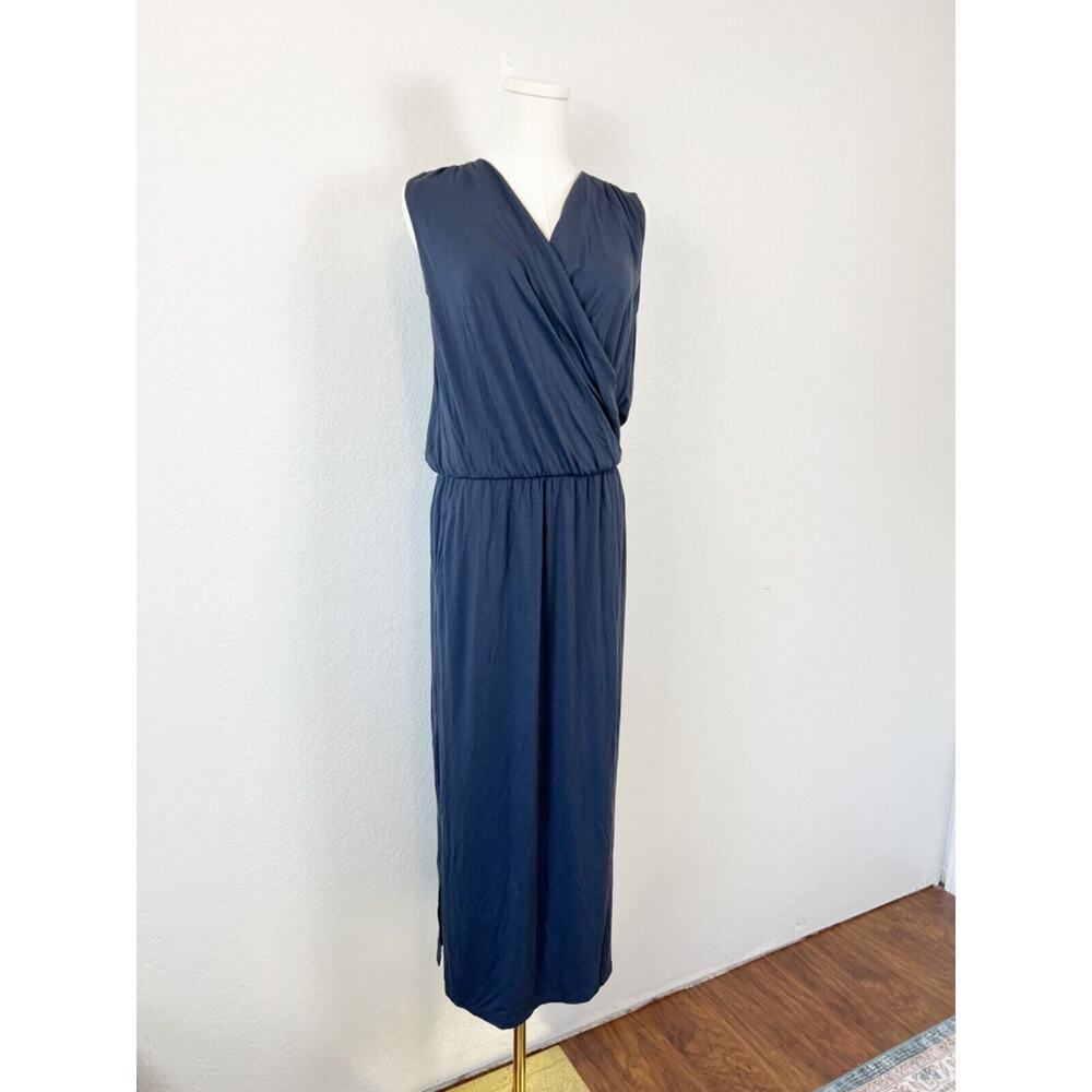 Garnet Hill Midi Dress Womens XS Blue Stretch Surplice Pockets Minimalist Preppy